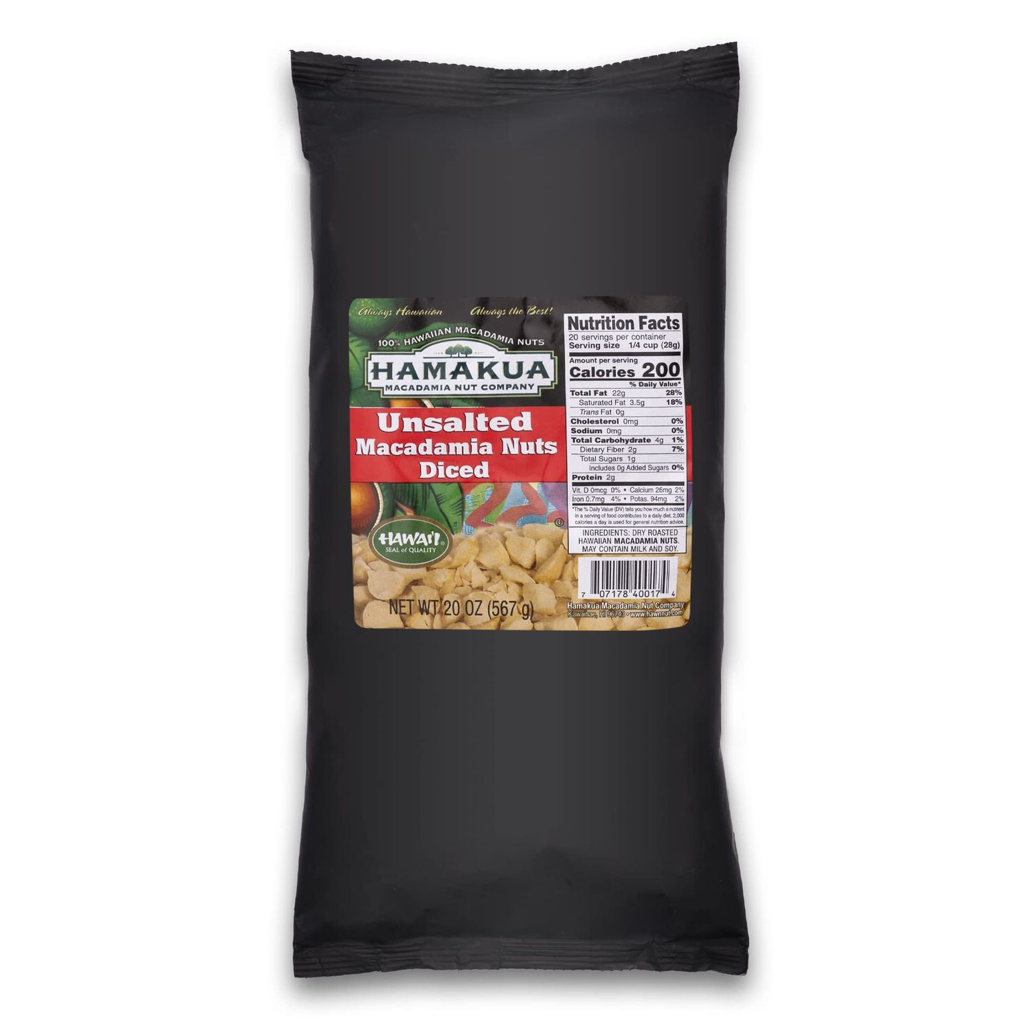 Hamakua Macadamia Nuts - Bulk Macadamias - Hawaiian Grown Dry Roasted Diced Macadamias - Natural Eco-Friendly Macadamia Nuts - Unsalted Macadamia Nuts - 20oz