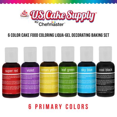 6 Color Cake Food Coloring Liqua-Gel Decorating Baking Primary Colors Set - U.S. Cake Supply .75 fl. Oz. (20ml) Bottles Primary Popular Colors - Made in the U.S.A.
