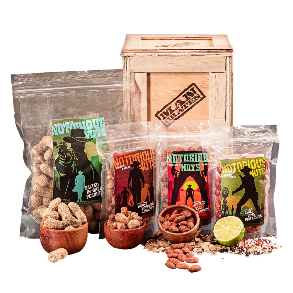 Man Crates Saloon Nuts Mini Crate - Includes Chili Lime Pistachios, Honey Bourbon Cashews and More, Wooden Crate With A Laser-Etched Crowbar