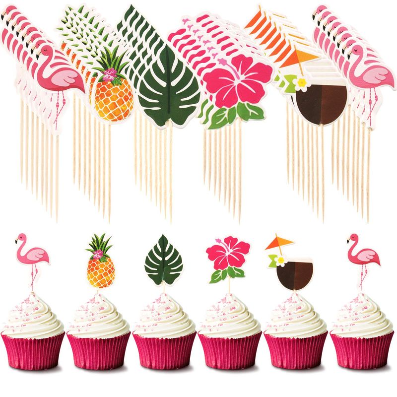 Luau Cupcake Toppers TropicalCake Decorations Hawaiian Toothpicks Sticks with Flamingo Pineapple Palm Leaves Shape Picks for Summer Beach Theme Party Favors Supplies, 6 Styles (72)