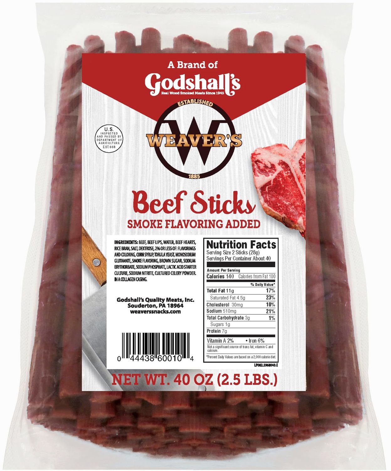 Weavers Beef Sticks (80 original mild flavored 7 beef sticks per 40oz bag)