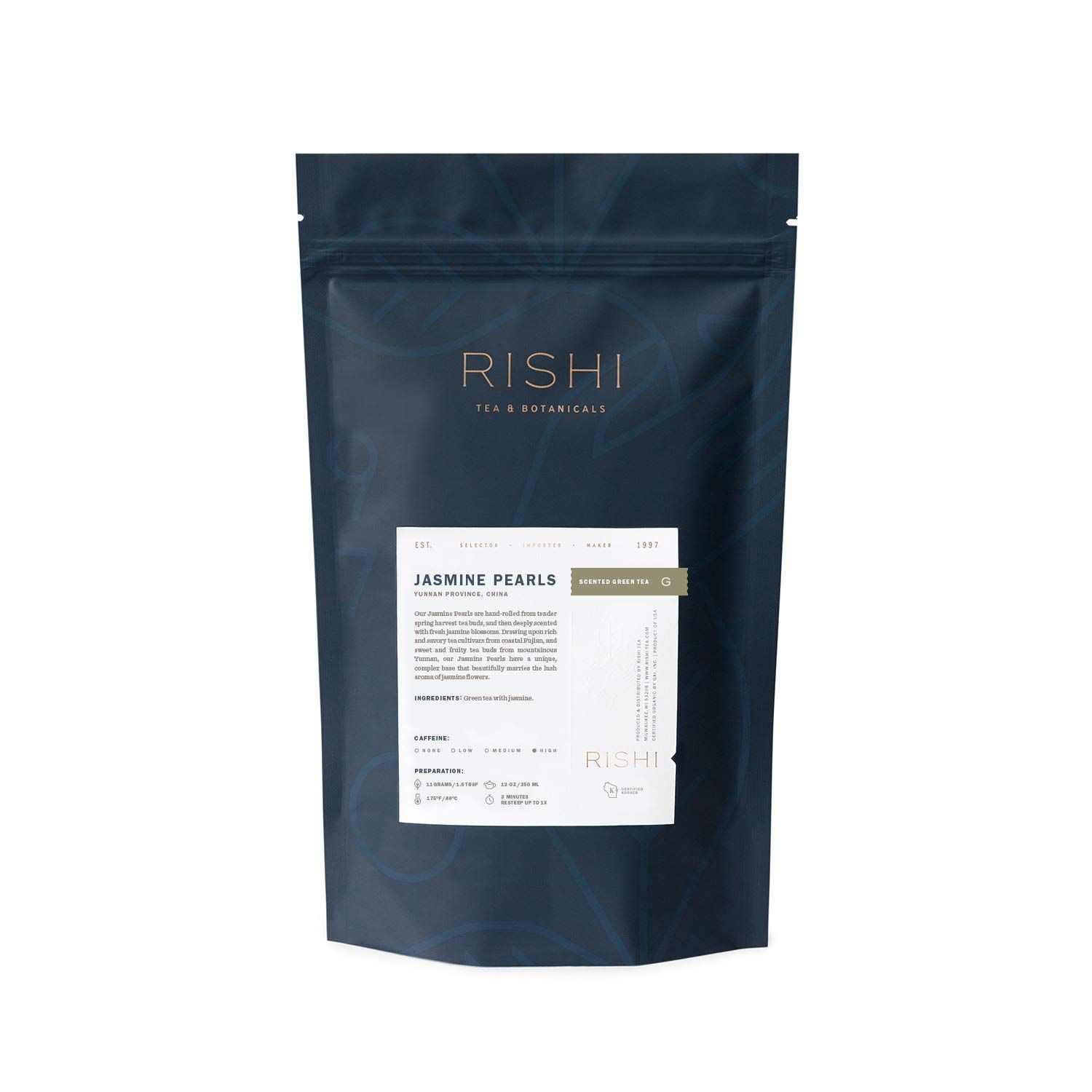 Rishi Tea Jasmine Pearls Green Tea - Organic, Caffeinated Loose Leaf Tea, Hand-Rolled with Floral Aroma &amp; Taste - 8.81 Ounces, 22+ Servings