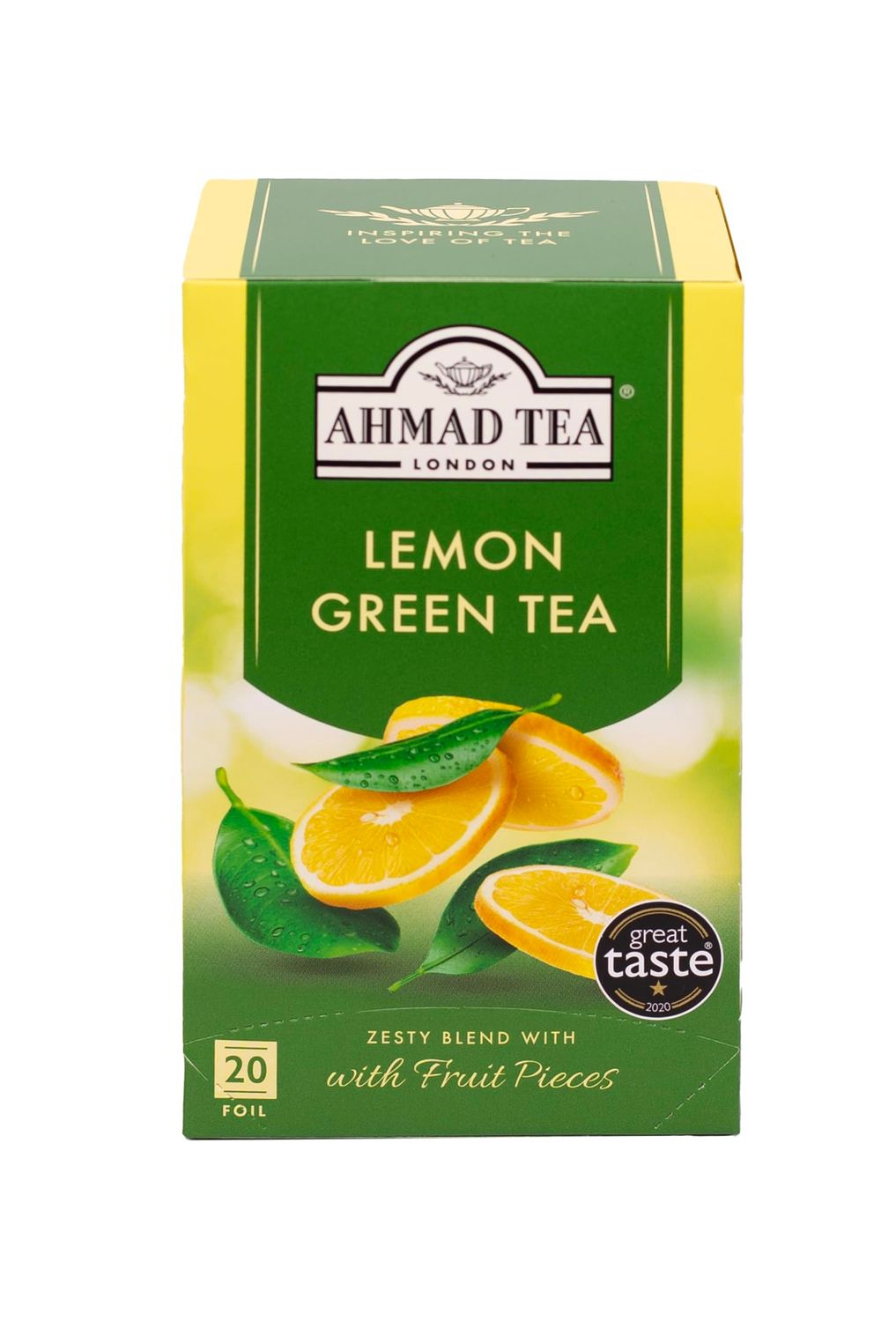 Ahmad Tea Lemon Green Tea foil teabags, 20 ct (Pack of 1) - Decaffeinated &amp; Sugar-Free