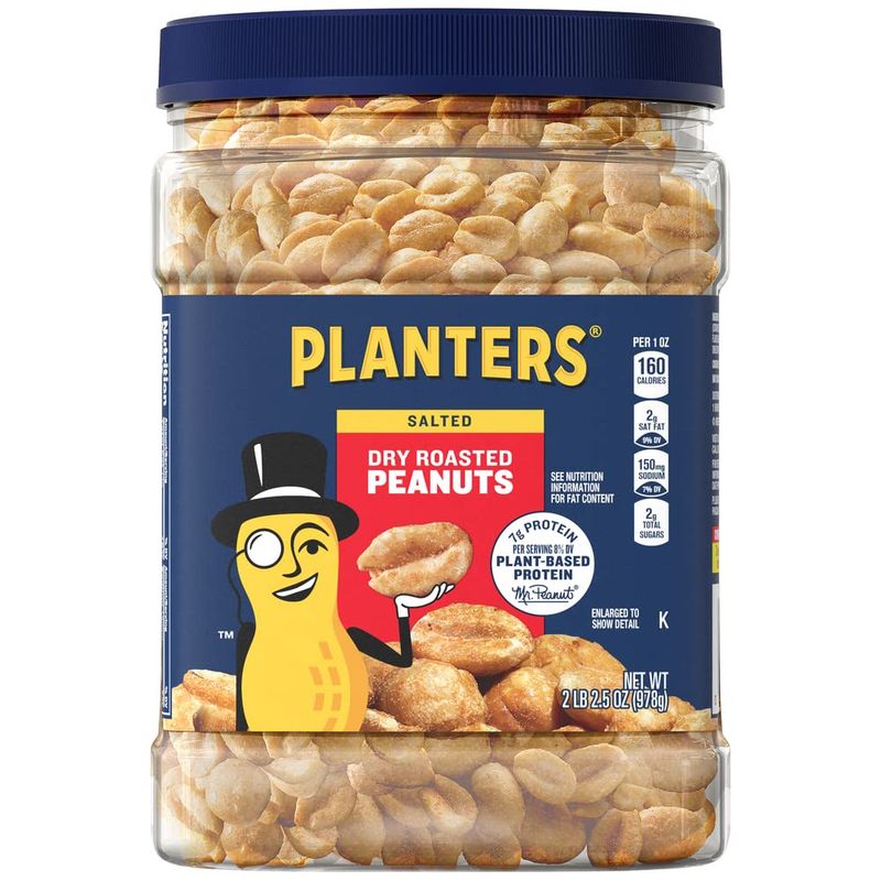 PLANTERS Dry Roasted Peanuts, 34.5 oz Resealable Plastic Jars (Pack of 6) - Peanuts with Sea Salt - Peanut Snacks - Shareable Snacks - Great School Snack or Work Snack - Kosher