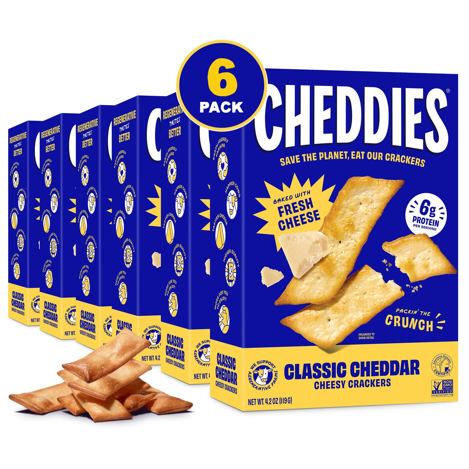 Cheddies Crackers | Classic Cheddar | Non-GMO, Regenerative Farming, High Protein | 4.2 Ounce (Pack of 6) (Packaging May Vary)