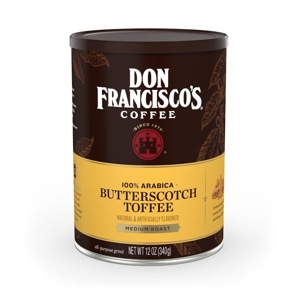 Don Francisco&#39;s Butterscotch Toffee Ground Coffee: Rich 100% Arabica Beans with Sweet Buttery Aroma - Family-Crafted Flavored Coffee for Delightful Mornings (1 x 12 oz Can)