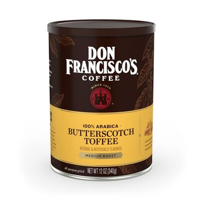 Don Francisco&#39;s Butterscotch Toffee Ground Coffee: Rich 100% Arabica Beans with Sweet Buttery Aroma - Family-Crafted Flavored Coffee for Delightful Mornings (1 x 12 oz Can)