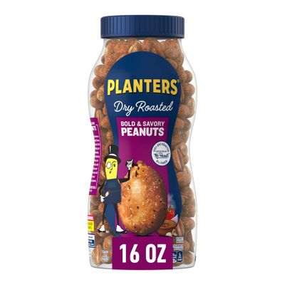 Planters Dry Roasted Bold &amp; Savory Peanuts, Party Snacks, Plant-Based Protein, 16 Oz Jar