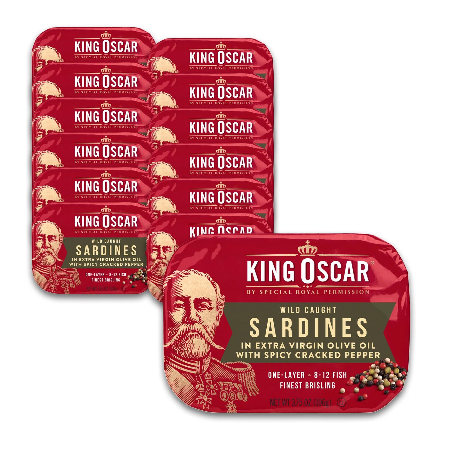 King Oscar Wild Caught Sardines in Extra Virgin Olive Oil, Spicy Cracked Pepper, 3.75 Ounce (Pack of 12) (3480000655)