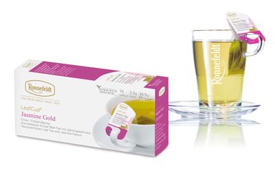 Ronnefeldt LeafCup Jasmine Gold - Green Tea Loose Leaf, 15 Individually Wrapped Tea Bags with Cardboard Tag to Hook on Cup - Natural Flavored Green Tea with Jasmine Flavour - Hot or Iced