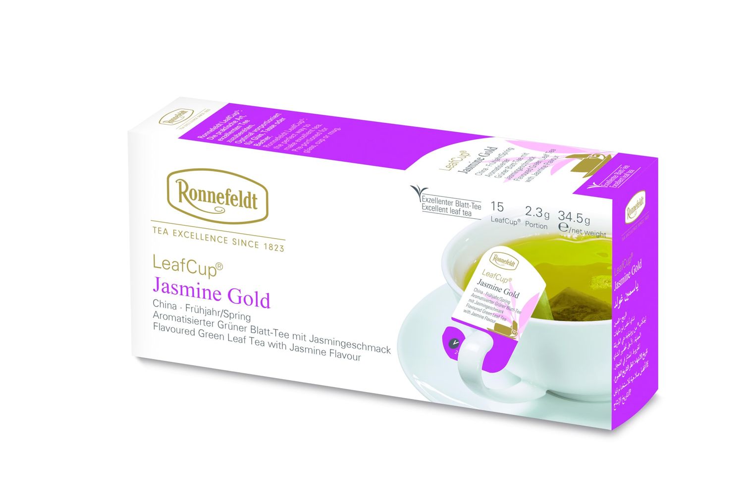 Ronnefeldt LeafCup Jasmine Gold - Green Tea Loose Leaf, 15 Individually Wrapped Tea Bags with Cardboard Tag to Hook on Cup - Natural Flavored Green Tea with Jasmine Flavour - Hot or Iced