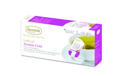 Ronnefeldt LeafCup Jasmine Gold - Green Tea Loose Leaf, 15 Individually Wrapped Tea Bags with Cardboard Tag to Hook on Cup - Natural Flavored Green Tea with Jasmine Flavour - Hot or Iced