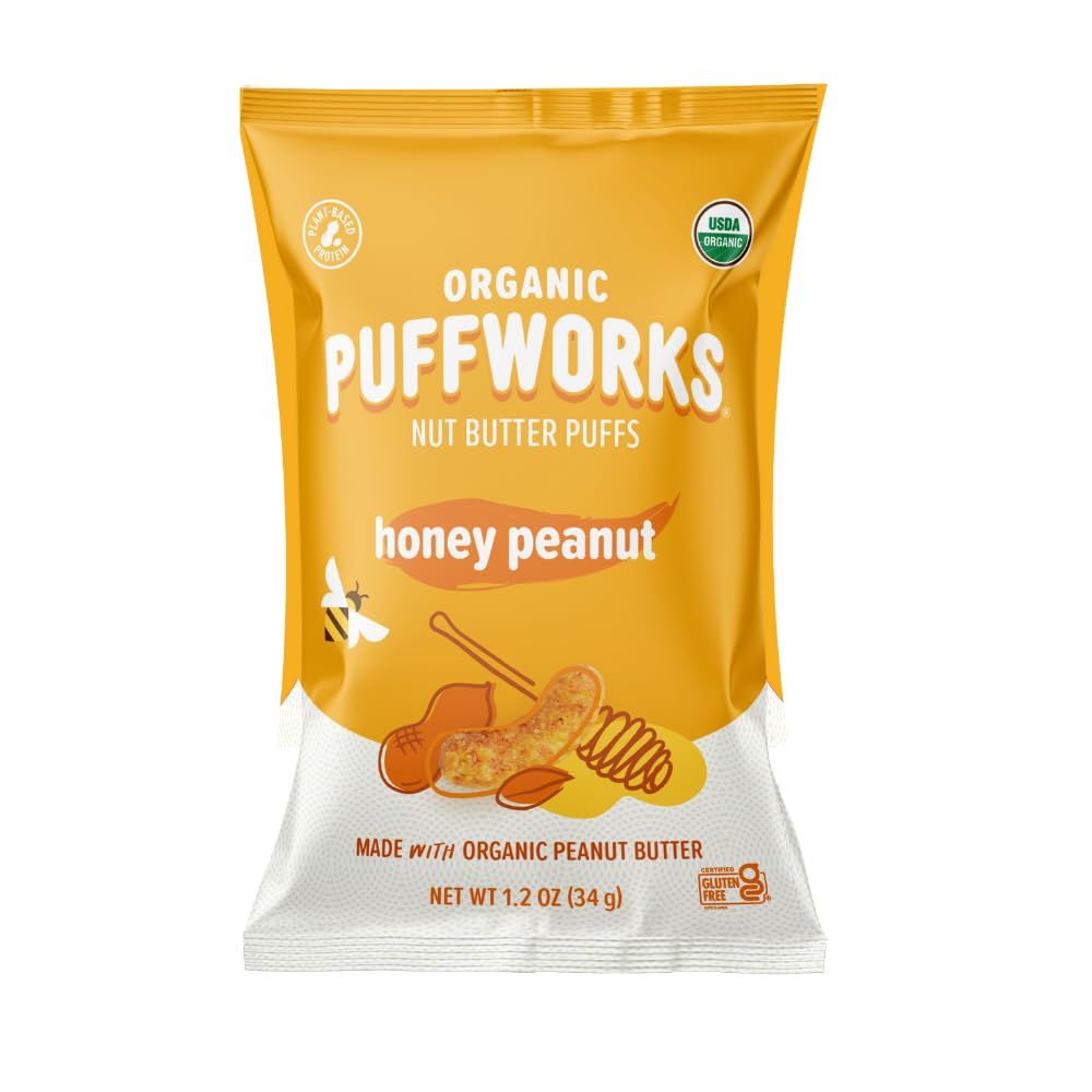 Puffworks Honey Organic Peanut Butter Puffs, 1.2 Ounce (Pack of 6), Plant-Based Protein Snack, Gluten-Free, Dairy Free, Kosher