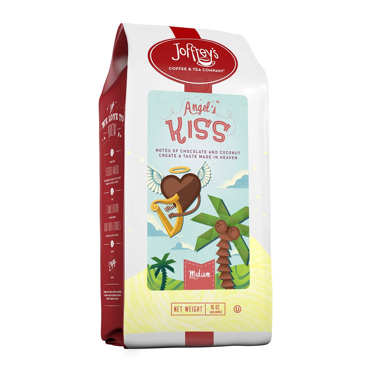 Joffrey&#39;s Coffee - Angel&#39;s Kiss, Flavored Coffee, Artisan Medium Roast, Arabica Coffee Beans, Chocolate &amp; Coconut Cream Flavor, Gluten-Free, Kosher, No Sugar (Ground, 16 oz)