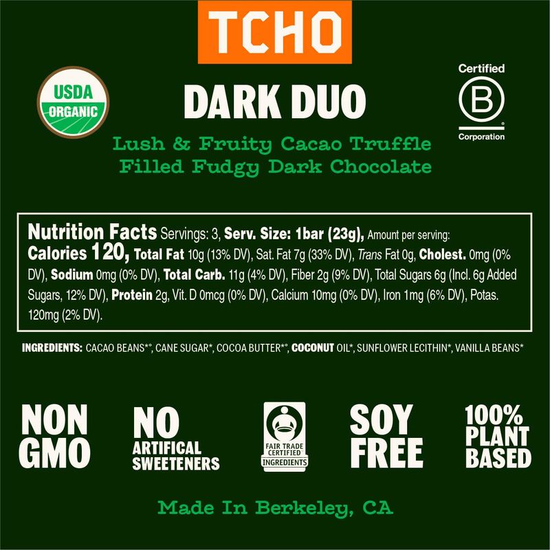 TCHO Dark Duo 75% Dark Chocolate Bars (10 pack) | Plant Based, Organic &amp; Fair Trade, | Non GMO, Non-Dairy, Vegan Chocolate, Soy Free (2.5oz each)