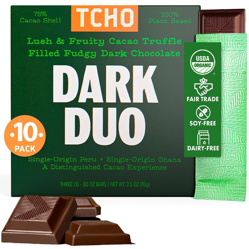 TCHO Dark Duo 75% Dark Chocolate Bars (10 pack) | Plant Based, Organic &amp; Fair Trade, | Non GMO, Non-Dairy, Vegan Chocolate, Soy Free (2.5oz each)