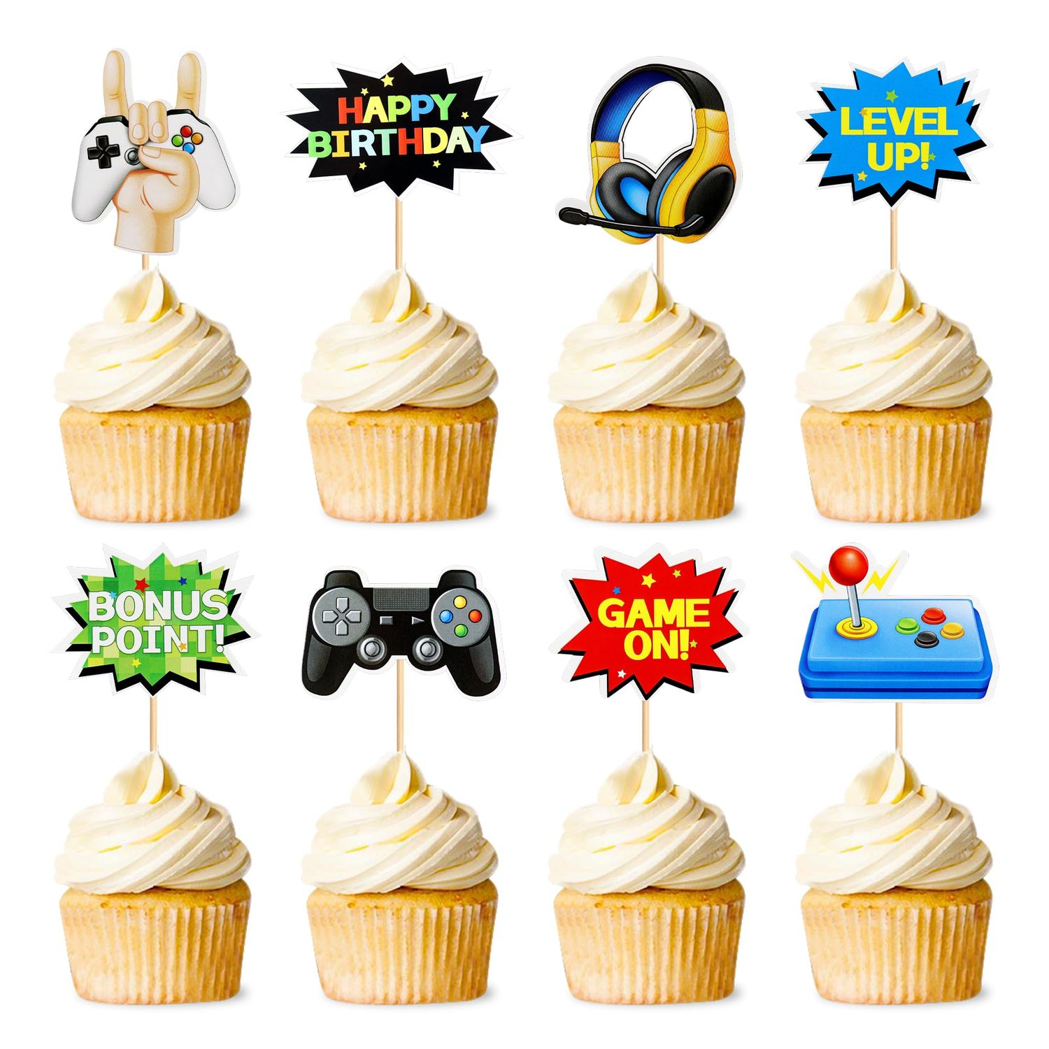 Ercadio 32 Pack Game Cupcake Toppers Game On Level Up Cupcake Picks Game Happy Birthday Cupcake Picks for Game Theme Baby Shower Birthday Party Cake Decorations Supplies