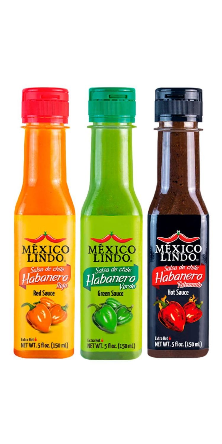 Mexico Lindo Hot Sauce Variety Pack | Includes 1 Bottles Each of Red Habanero + Green Habanero + Xxxtra Hot | 5 Fl Oz Bottles (Pack of 3)