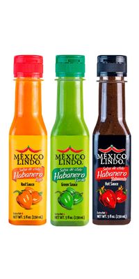 Mexico Lindo Hot Sauce Variety Pack | Includes 1 Bottles Each of Red Habanero + Green Habanero + Xxxtra Hot | 5 Fl Oz Bottles (Pack of 3)