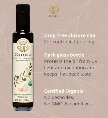 Garlic Flavored Olive Oil Extra Virgin. Organic Garlic oil for cooking. Garlic infused olive oil low fodmap from Puglia Italy. From single-source - COSTABILE 8.45 Fl. Oz.
