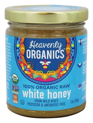 Heavenly Organics 100% Organic Raw White Honey 1 Pack - Size 12 OZ/Jar Lightly Filtered to Preserve Vitamins, Minerals and Enzymes; Made from Wild Beehives &amp; Free Range Bees, Dairy, Nut, Gluten Free,