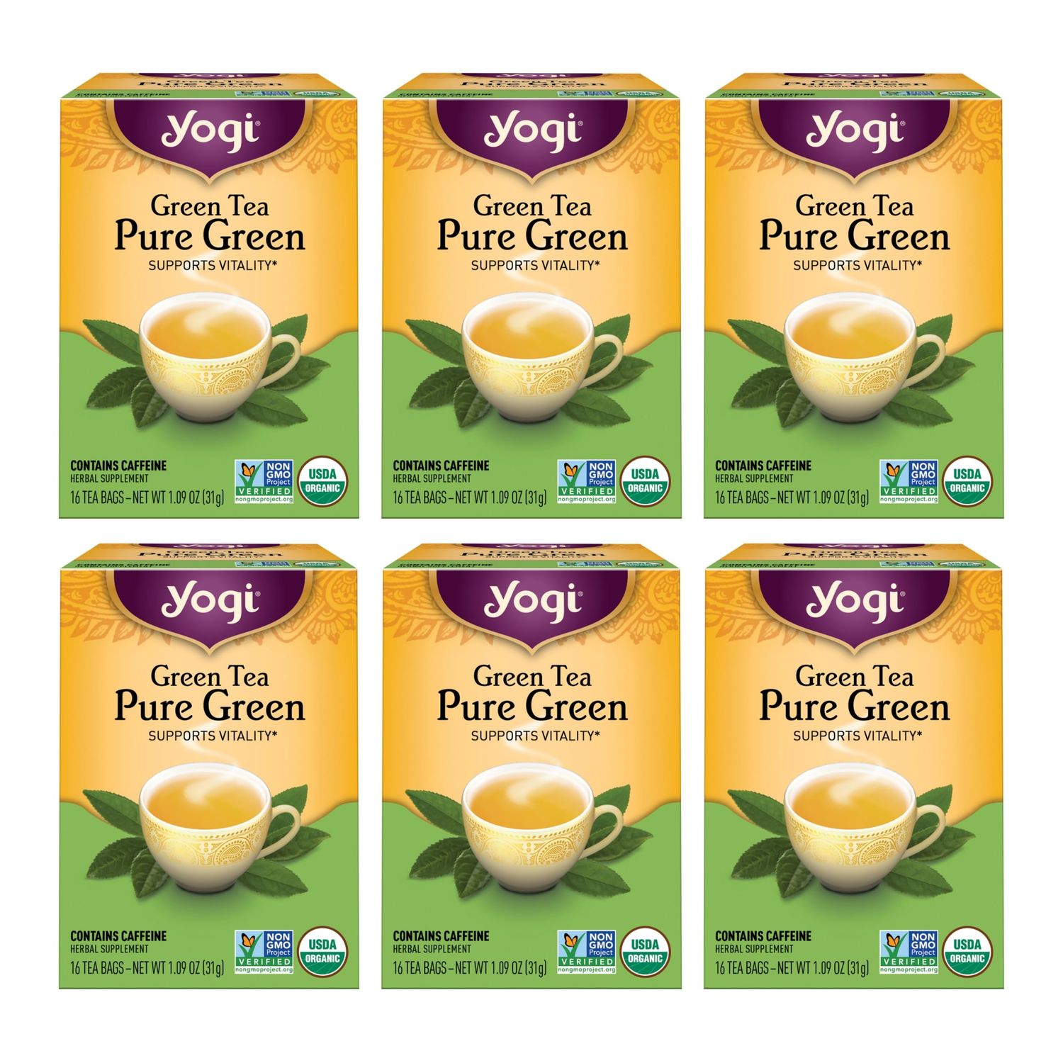 Yogi Tea Green Tea Pure Green Tea - 16 Tea Bags per Pack (6 Packs) - Organic Green Tea - Supports Overall Health &amp; Provides Antioxidants - Made from Organic Green Tea Leaf