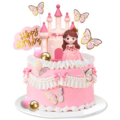 19 PCS Princess Cake Topper Castle Cake Decoration with Butterflies and Balls for Girl Kid Happy Birthday Party Decorations Princess Baby Shower Supplies (Pink)