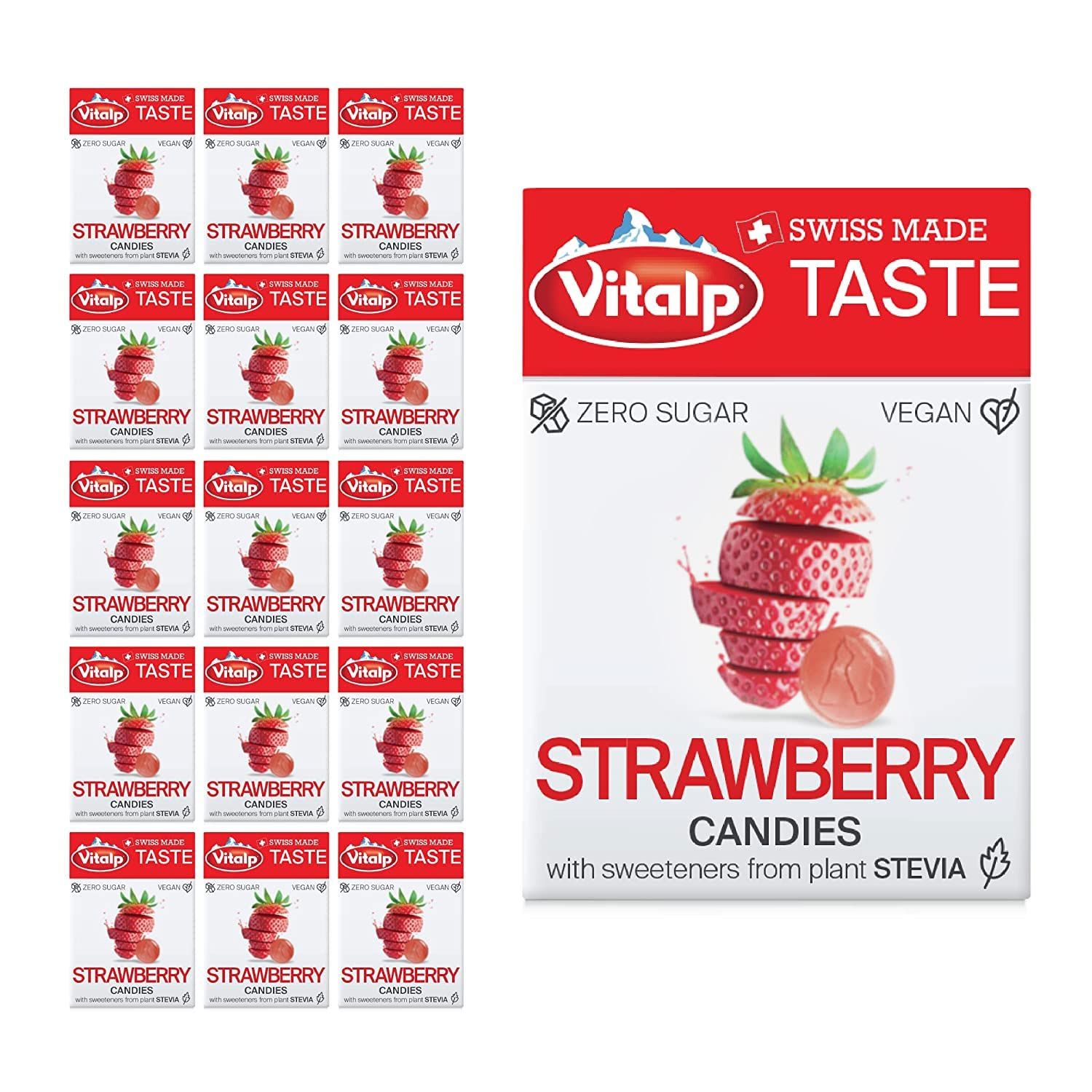 Vitalp Taste, Swiss Made, Sugar Free Candy with Stevia, Vegan, Strawberry Flavor, 25g/0.88 Ounce Packs, 16 Boxes