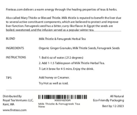 FIRE TEAS Organic Milk Thistle &amp; Fenugreek Seeds Herbal Tea w/Ginger - Herbal Folk Remedy Tea - Loose Leaf -