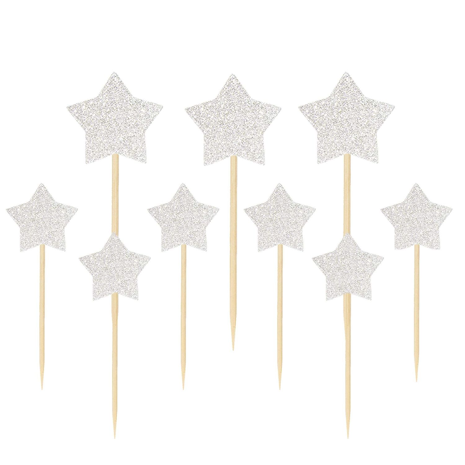 Ercadio 48 Pack Silver Star Cupcake Toppers Glitter Cupcake Picks Decorations for Baby Shower Kids Birthday Wedding Party