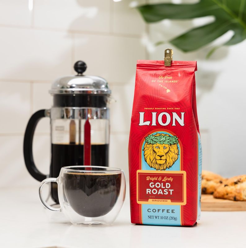 Lion Coffee Gold Roast Ground Coffee, Medium-Light Roast, A Taste of Aloha - 10 Ounce Bag