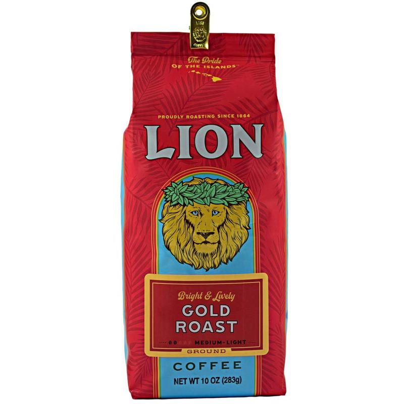 Lion Coffee Gold Roast Ground Coffee, Medium-Light Roast, A Taste of Aloha - 10 Ounce Bag