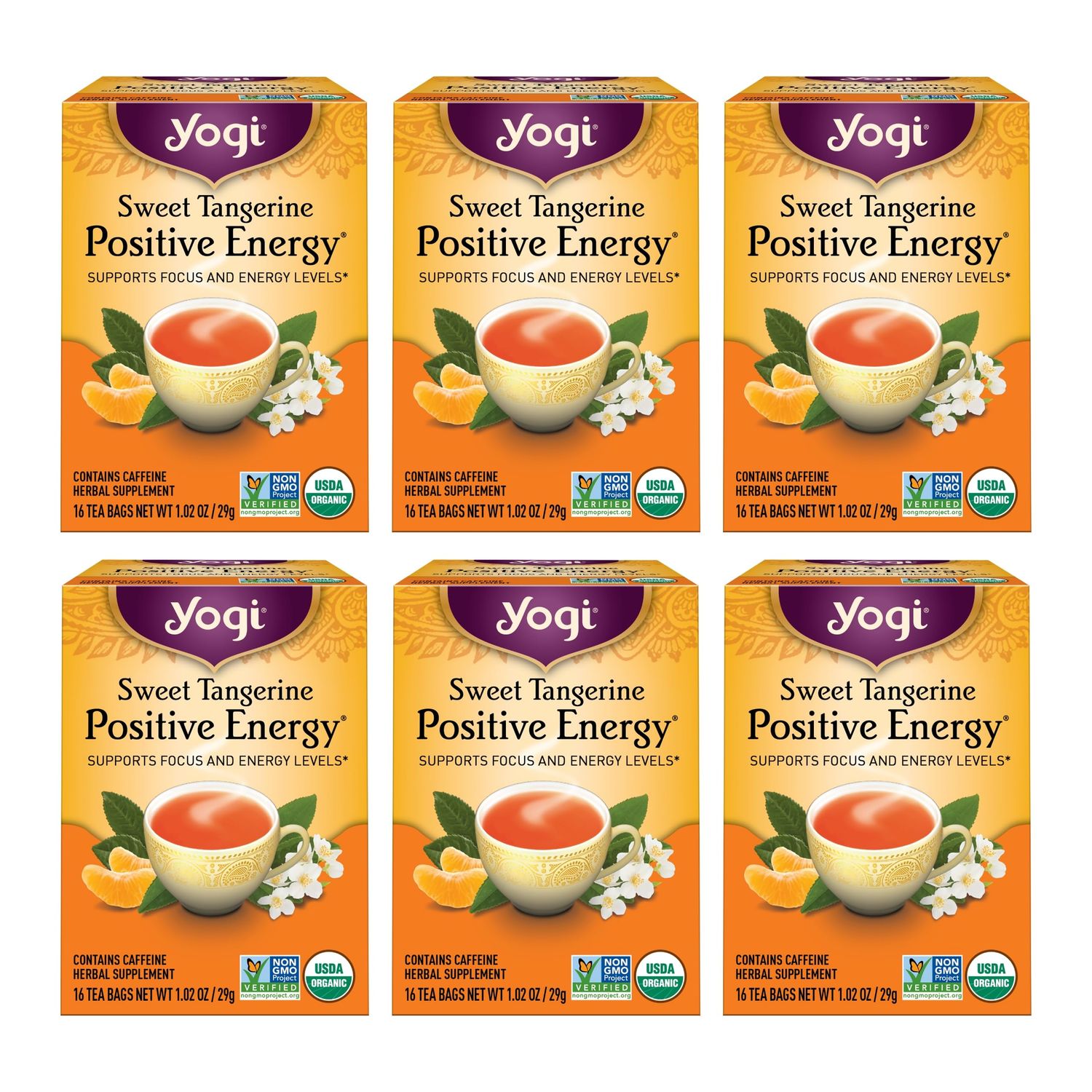 Yogi Sweet Tangerine Positive Energy Tea - 16 Tea Bags per Pack (6 Packs) - Organic Tangerine Energy Tea - Includes Black Tea Leaf, Yerba Mate Leaf, Ashwagandha Root &amp; More