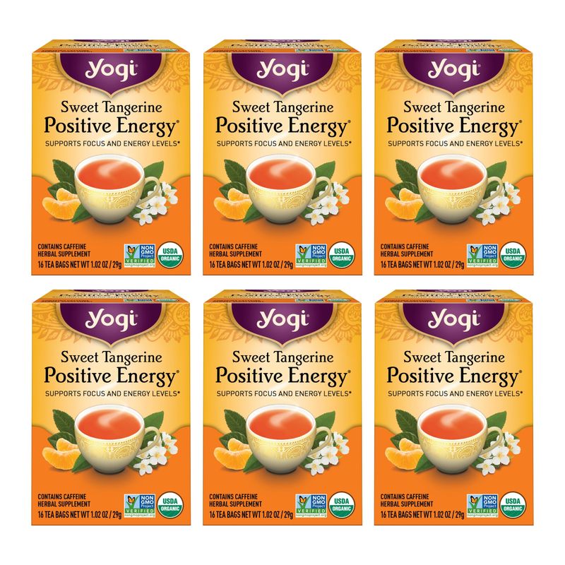 Yogi Sweet Tangerine Positive Energy Tea - 16 Tea Bags per Pack (6 Packs) - Organic Tangerine Energy Tea - Includes Black Tea Leaf, Yerba Mate Leaf, Ashwagandha Root &amp; More