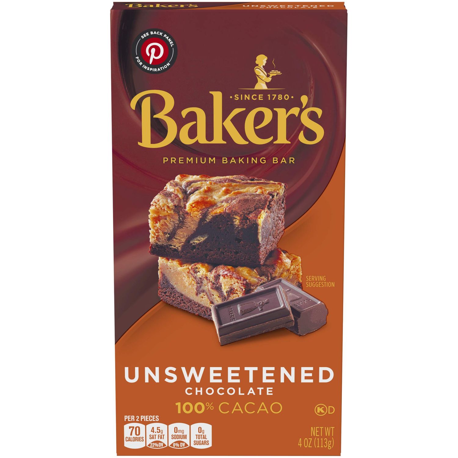 Baker&#39;s Unsweetened Chocolate Premium Baking Bar with 100 % Cacao (4 oz Box)