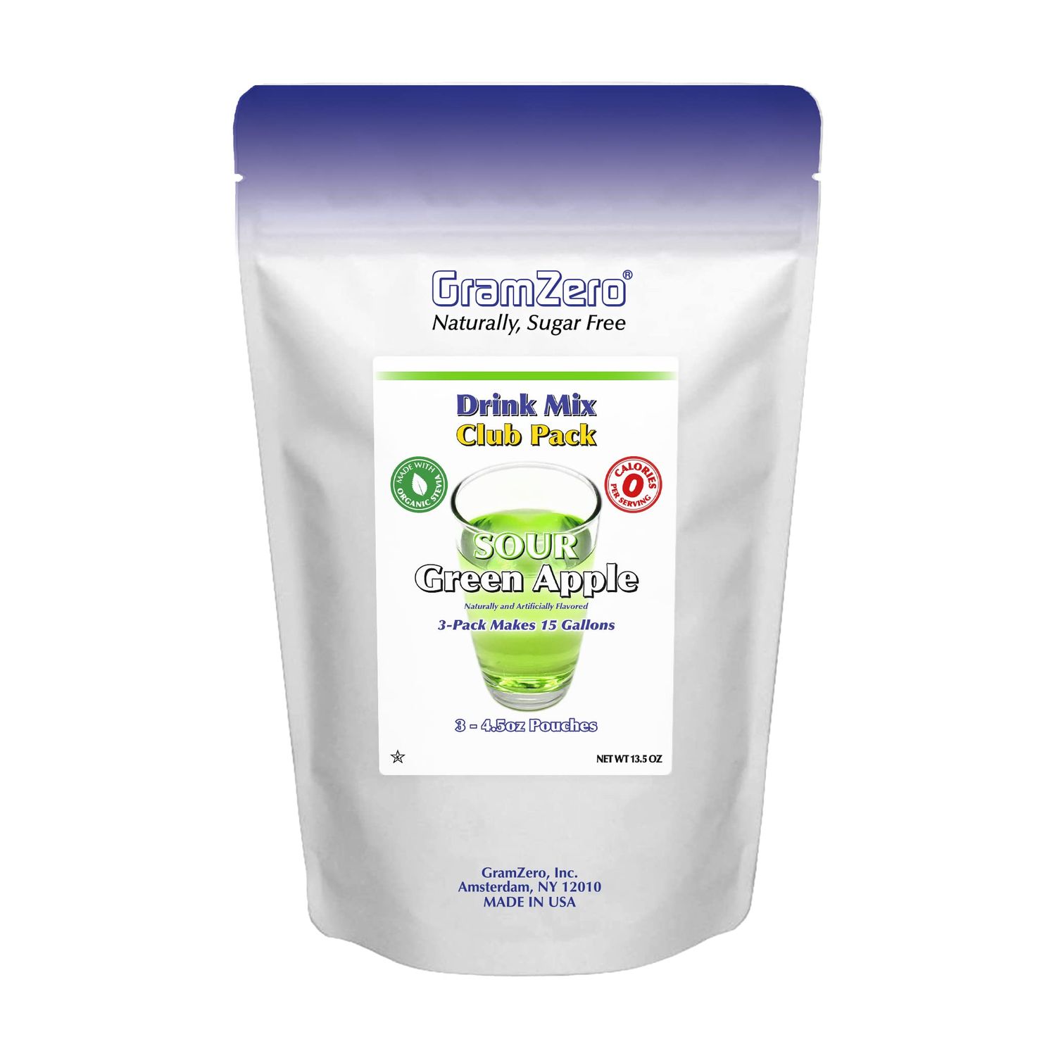 GramZero Sour Green Apple Zero Calorie Sugar Free Drink Mix, Great For Nutrition Club Loaded Tea, Stevia Sweetened