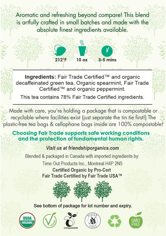 Friendship Organics Decaf Green Mint Tea Bags, Organic and Fair Trade 44 Count