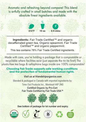 Friendship Organics Decaf Green Mint Tea Bags, Organic and Fair Trade 44 Count