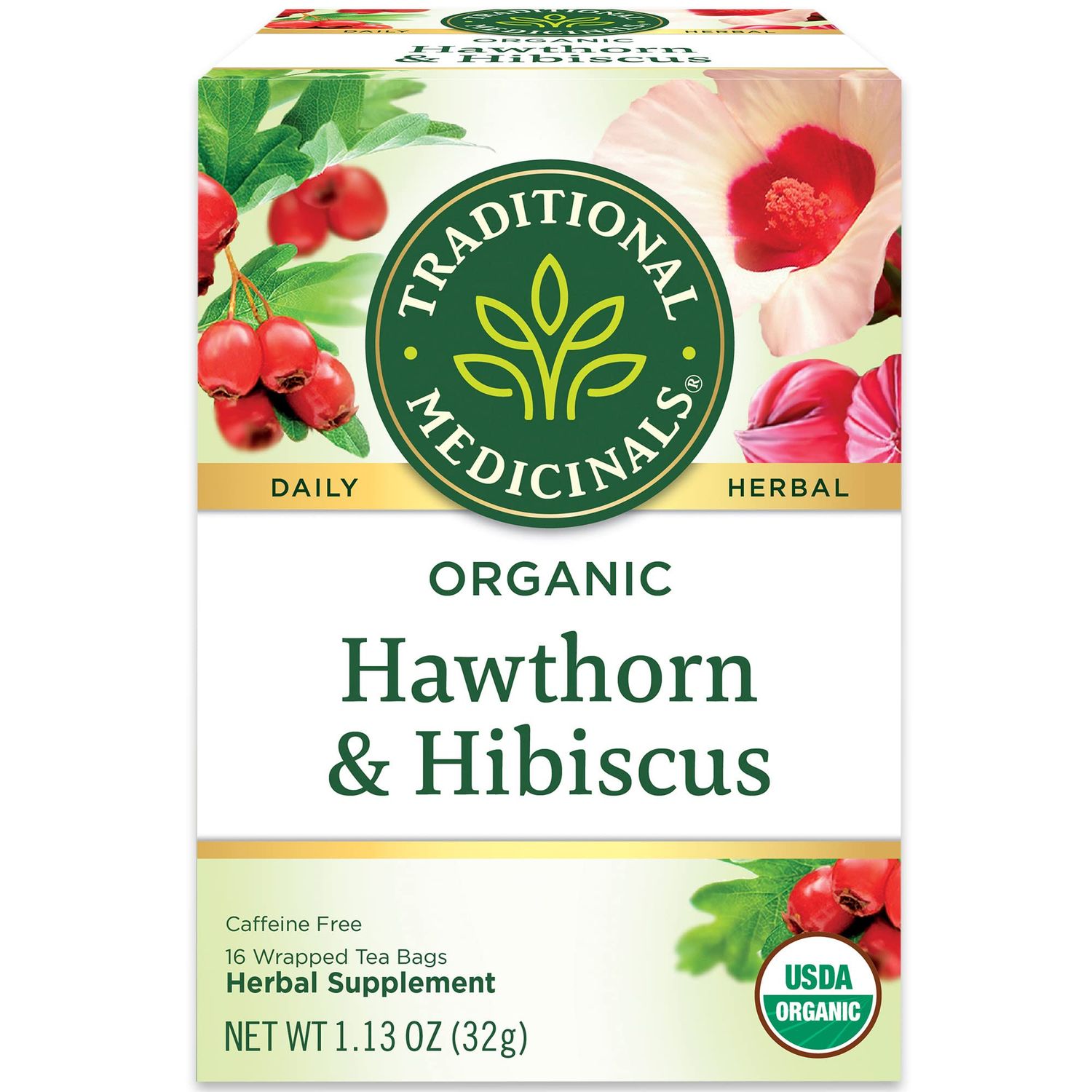 Traditional Medicinals Organic Hawthorn &amp; Hibiscus Herbal Tea, Promotes Heart Health, (Pack of 1) - 16 Tea Bags