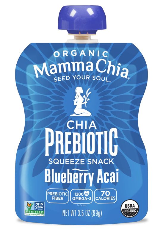 Mamma Chia Organic Prebiotic Squeeze Snack, Blueberry Acai, 16- 3.5 Ounce, Fiber-Rich Prebiotic Gut Support, USDA Organic, Non-GMO, Vegan, Gluten Free