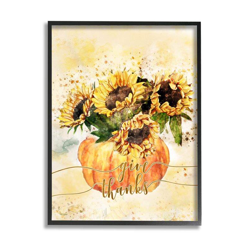 Stupell Industries Give Thanks Phrase Orange Pumpkin Sunflower Floral Burst Black Framed Wall Art, 16 x 20, Yellow