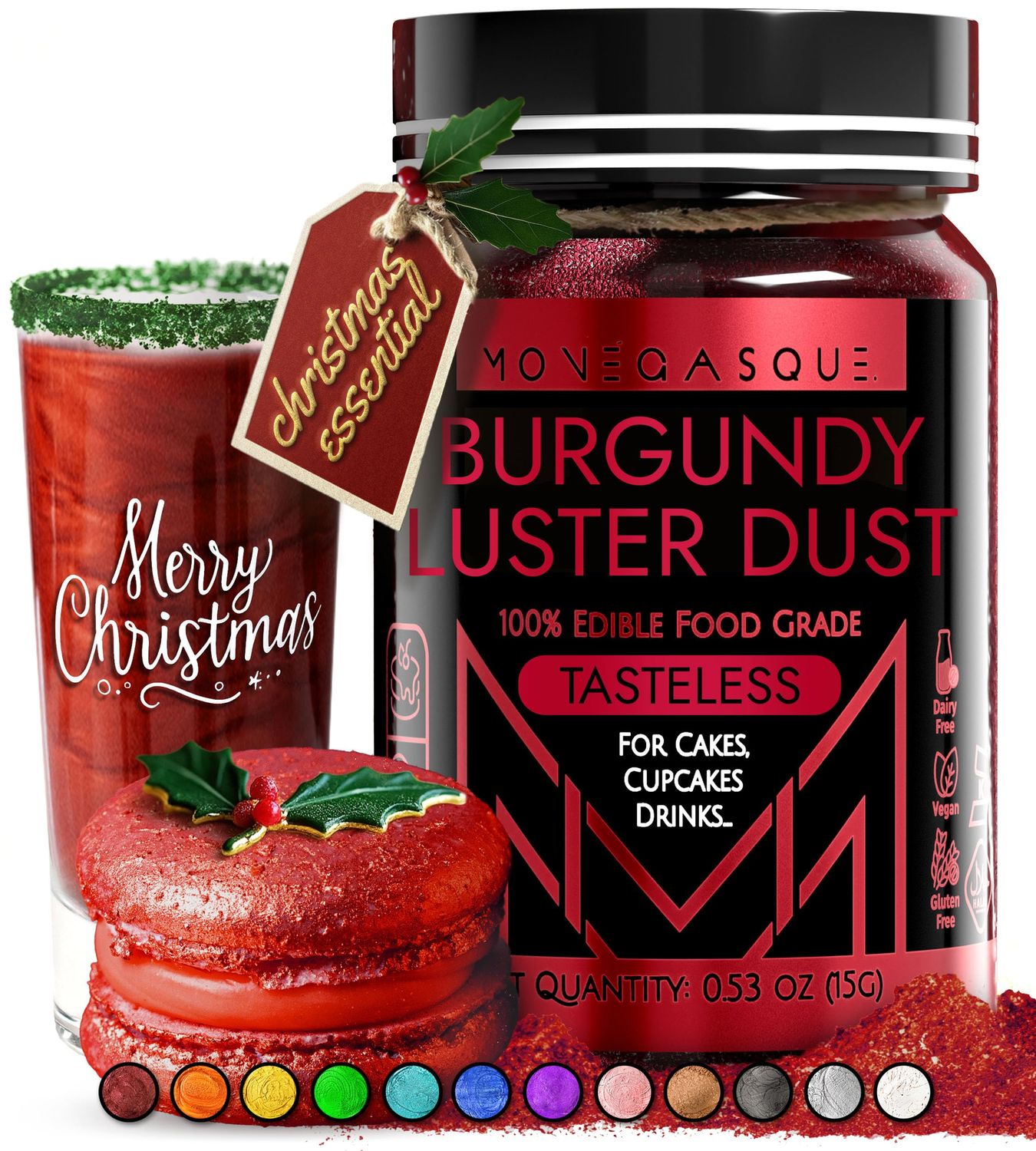 MONGASQUE Burgundy Luster Dust Edible Glitter for Cocktails 15g - Christmas Edible Glitter - Red Edible Luster Dust - Red Edible Glitter for Drinks - Edible Glitter for Cakes - Red Drink Glitter