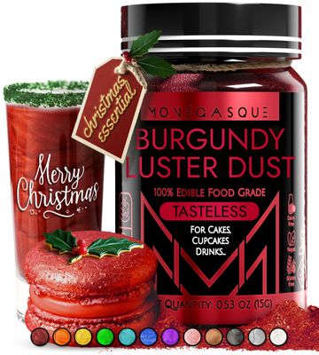 MONGASQUE Burgundy Luster Dust Edible Glitter for Cocktails 15g - Christmas Edible Glitter - Red Edible Luster Dust - Red Edible Glitter for Drinks - Edible Glitter for Cakes - Red Drink Glitter
