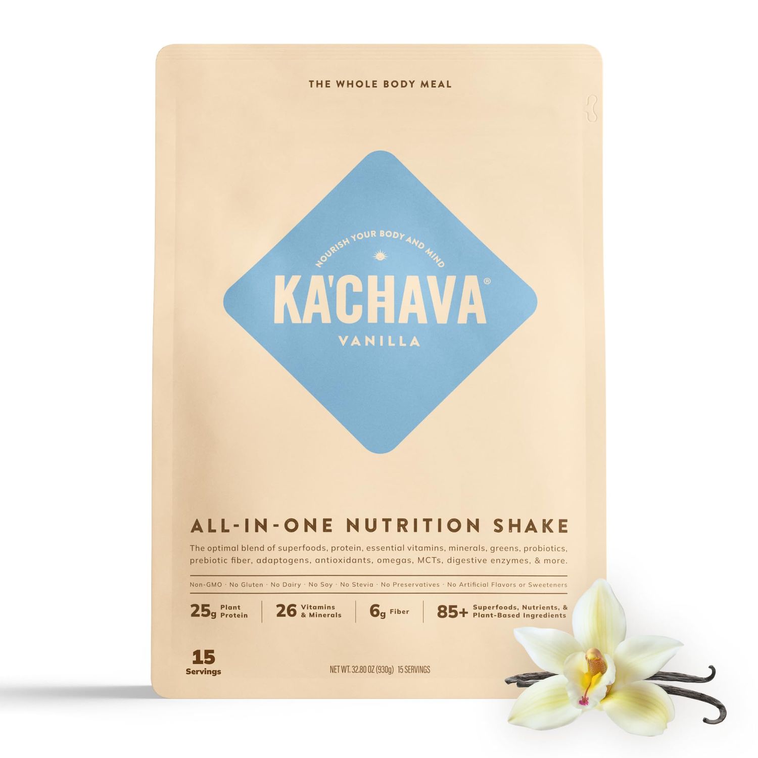 KaChava All-In-One Nutrition Shake Blend, 85+ Superfoods &amp; Nutrients, Meal Replacement, Greens Plant-Based Superfood Powder Protein Drink, Digestive Enzymes &amp; Probiotics, Vegan Dairy Gluten Free, 2lb