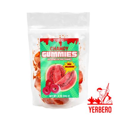 Yerbero - Chamoy Gummy 8 oz (226 Gr) | Juicy Chamoy Coated Gummies | Watermelon Rings | Aros de Sandia Baados en Chamoy | Sweet and Sour Long Lasting Flavor