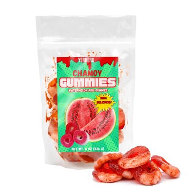 Yerbero - Chamoy Gummy 8 oz (226 Gr) | Juicy Chamoy Coated Gummies | Watermelon Rings | Aros de Sandia Baados en Chamoy | Sweet and Sour Long Lasting Flavor