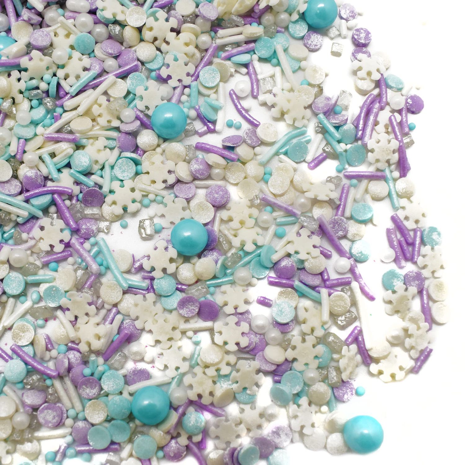 Let it Sprinkle - 12 Oz Resealable Bag - Winter and Christmas Themed Sprinkle Mix - Features Teal, Purple, and White Jimmies, Teal Pearls, and White Snowflake Quins - Cake and Ice Cream Sprinkles