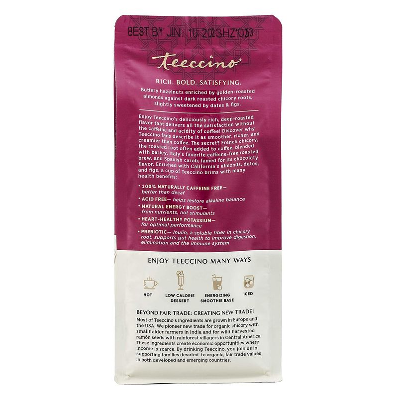 Teeccino Hazelnut Chicory Coffee Alternative - Ground Herbal Coffee Thats Prebiotic, Caffeine Free &amp; Acid Free, Medium Roast, 11 Ounce