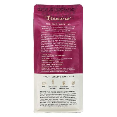 Teeccino Hazelnut Chicory Coffee Alternative - Ground Herbal Coffee Thats Prebiotic, Caffeine Free &amp; Acid Free, Medium Roast, 11 Ounce