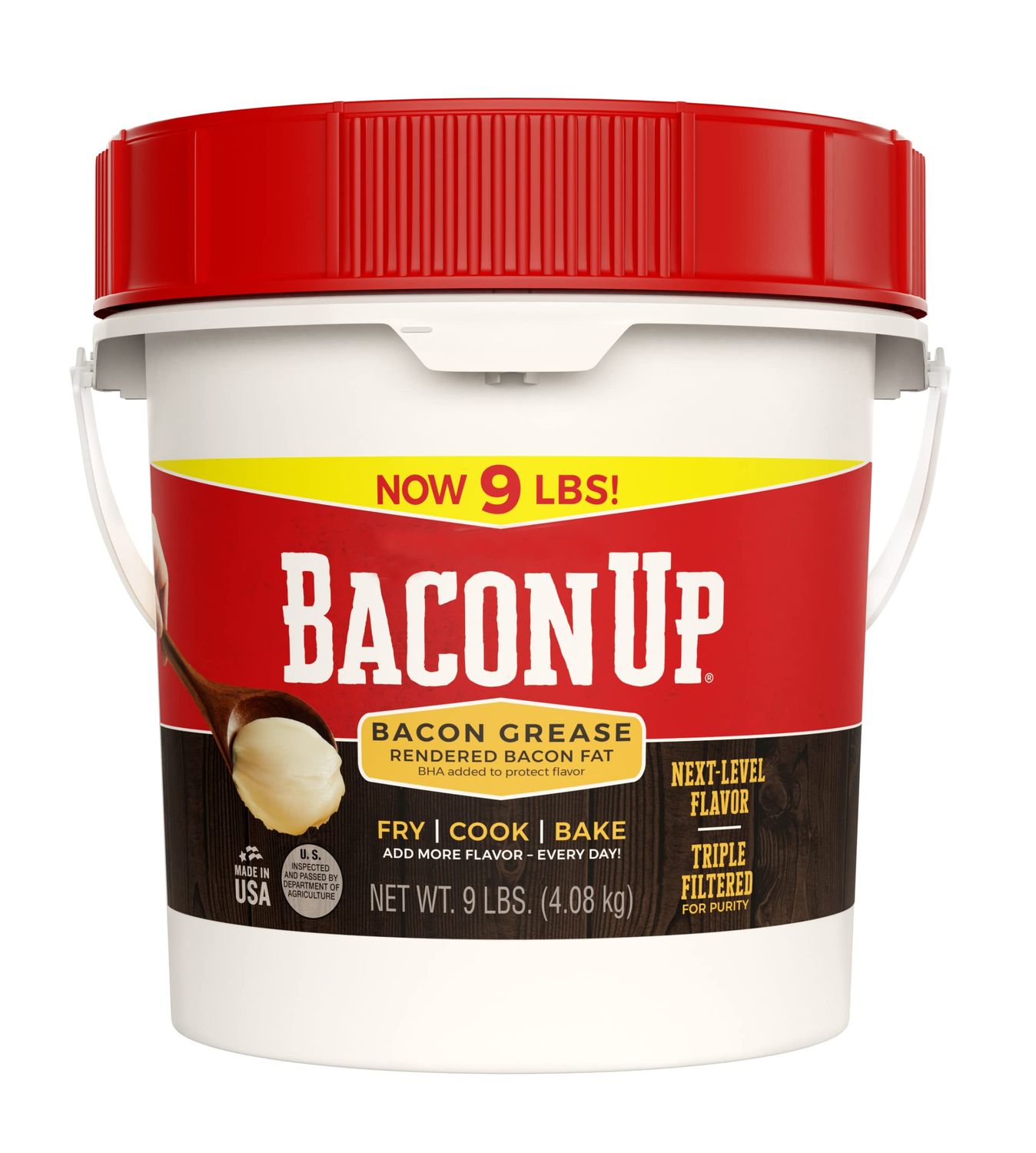 Bacon Up Bacon Grease for Cooking - 9lb Pail of Authentic Solid Bacon Fat for Cooking, Frying and Baking - Triple-Filtered for Purity, No Carbs, Gluten-Free and Shelf-Stable